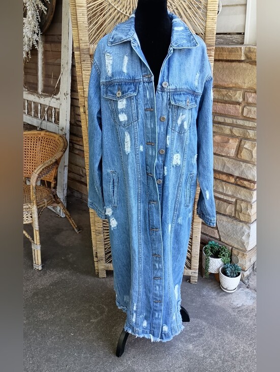 muse looks Jackets & Blazers - Muse Looks 100% Cotton Distressed Long Blue Denim Jacket - Women Jeans_Large